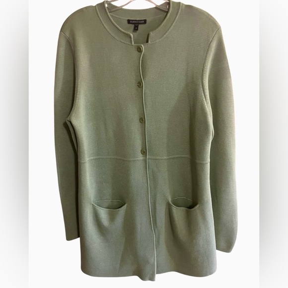 Eileen Fisher 80% Silk Tunic Jacket Sweater Cardigan Button Front Sea Green Med - Picture 1 of 12